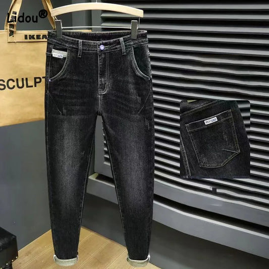 Autumn Trend Fashionable Casual Solid Color Men's Jeans 2023 New Vintage All-match Mid Waist Slim Pencil Trousers Male Clothes