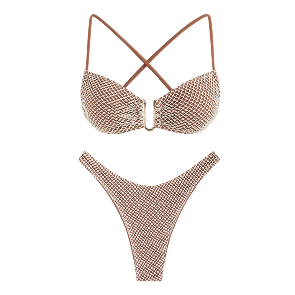 2024 Women's Swimsuit Two Piece Fishnet Bikinis Bikini Sets Solid Backless Tie Back Swimwear for Women Beachwear Bathing Suits
