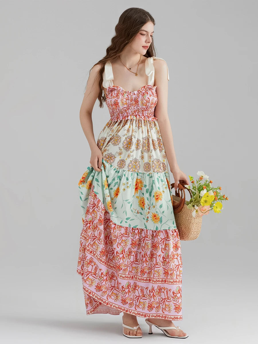 Combhasaki Women's Y2K Vintage Floral Print Ribbon Tie-Up Shoulder Straps Sleeveless V-Neck Summer Big Swing A-line Long Dress