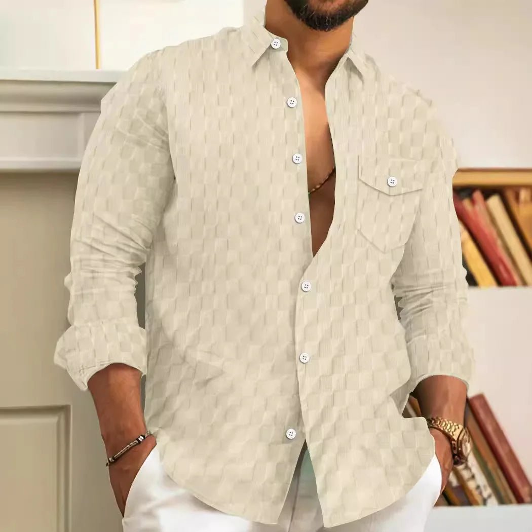 Spring and autumn Men's Fashion luxury lapel jacquard plaid loose pocket comfortable top street nightclub long Sleeve Cardigan