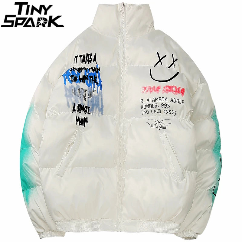 2025 Hip Hop Jacket Parka Happy Graffiti Print Men Windbreaker Streetwear Harajuku Winter Padded Jacket Coat Warm Outwear Thick
