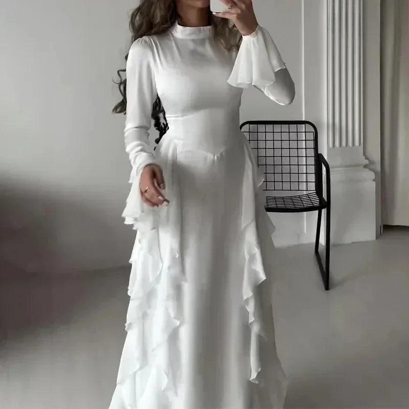 Women High Collar Flare Sleeve Ruffles Long Dress Sexy White Long Sleeves Lace-up Slim Dresses Elegant Evening Party Runway Club