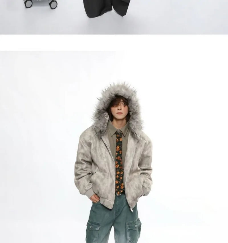 Y2K American New Fashion Solid Color Plus Velvet Padded Cotton-padded Jacket Coat Men Harajuku Hip-hop Popular Casual Couples