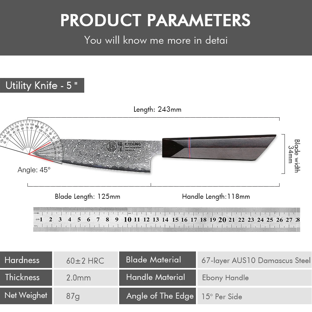 F.YOUNG 5" Japanese Kitchen Utility Knife Damascus Professional Chef Knife Peeling Paring Fruit Vegetable Meat Cooking Tools