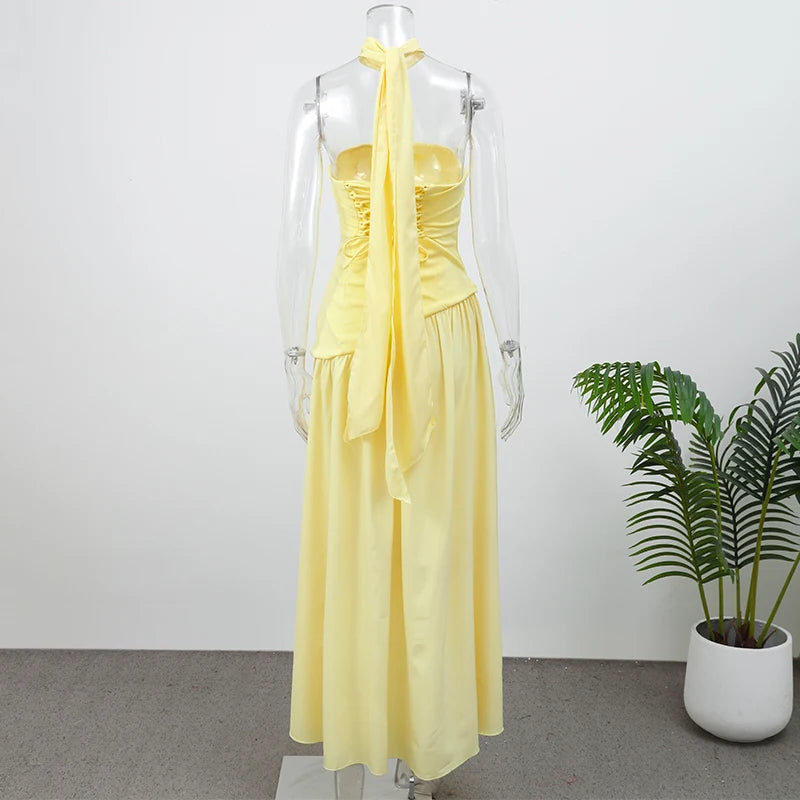 Elegant Yellow Gauze Off Shoulder Scarf Neack Long Dress Women Fashion Sleeveless A-line Vestido 2025 Summer Vocation Party Robe