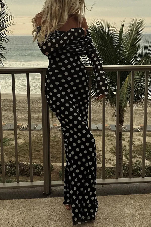2024 Summer Fashion Vacation Style Fashion Party Women's Long Elegant One Shoulder Wave Dot Slim Fit Sexy Long Dress
