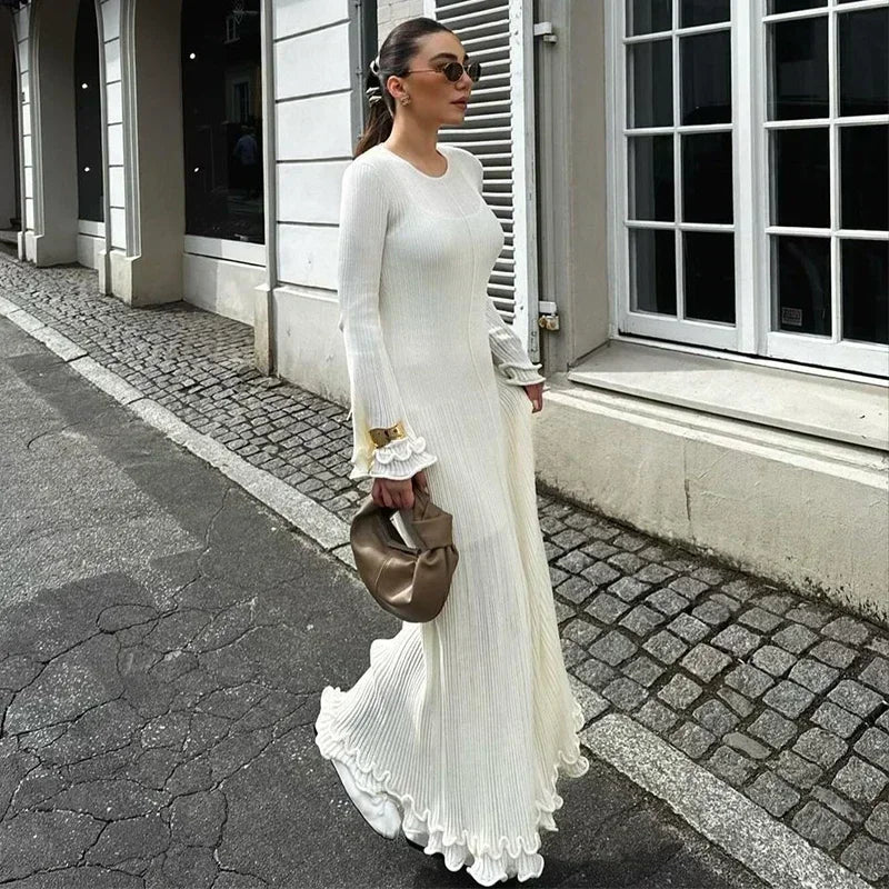 Fashion Ruffled Hem Knitted Long Dress Women Sexy O Neck Flare Long Sleeve Backless Lace Up Slim Dresses Female Vacation Robes