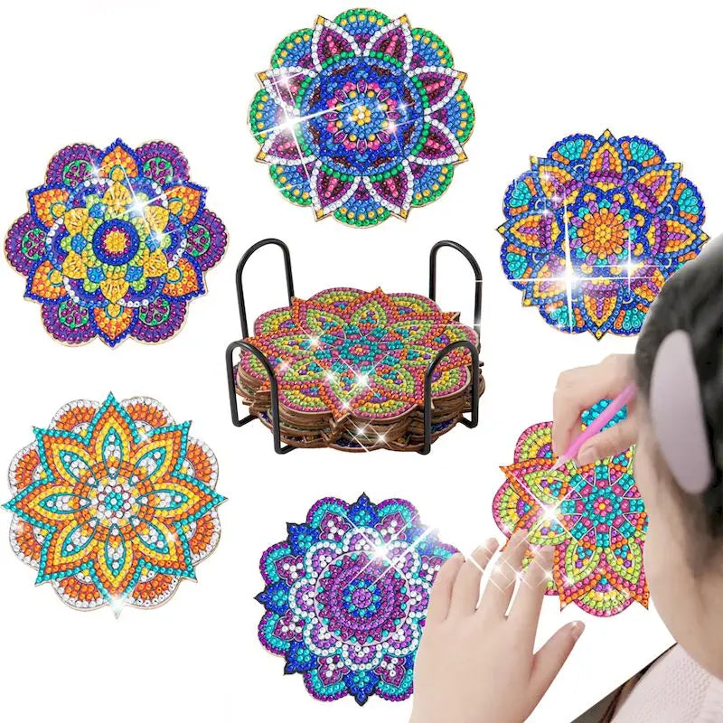 PhotoCustom 6pc/Sets Diamond Painting Coasters 5D DIY Round Diamond Mosaic Mandala Cup Coasters With Holder Kitchen Accessories