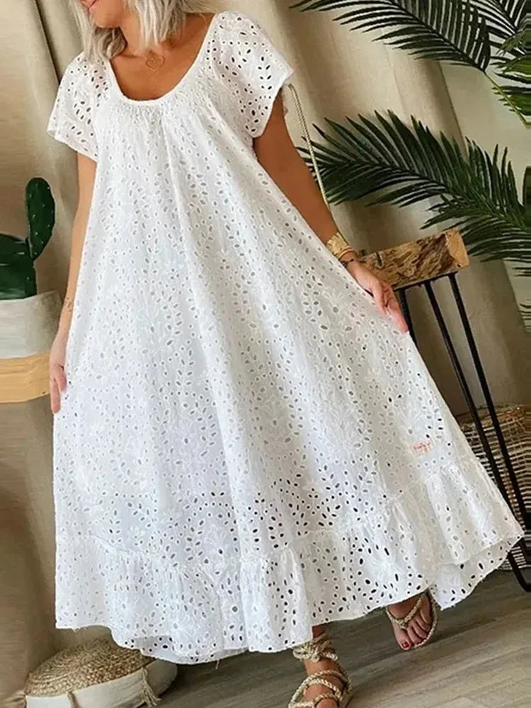 Women's Casual White Swing Party Dresses YK2 Ladies Elegant O-neck Hollow Long Dress Vestidos Summer Loose Short Sleeve Dress