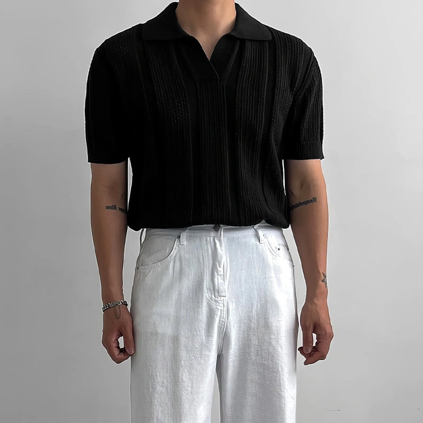 Men's Clothing Luxury Korean Popular Hollow Out Polo Shirt Leisure V Neck Short Sleeve Solid Color Retro Streetwear Knitwear