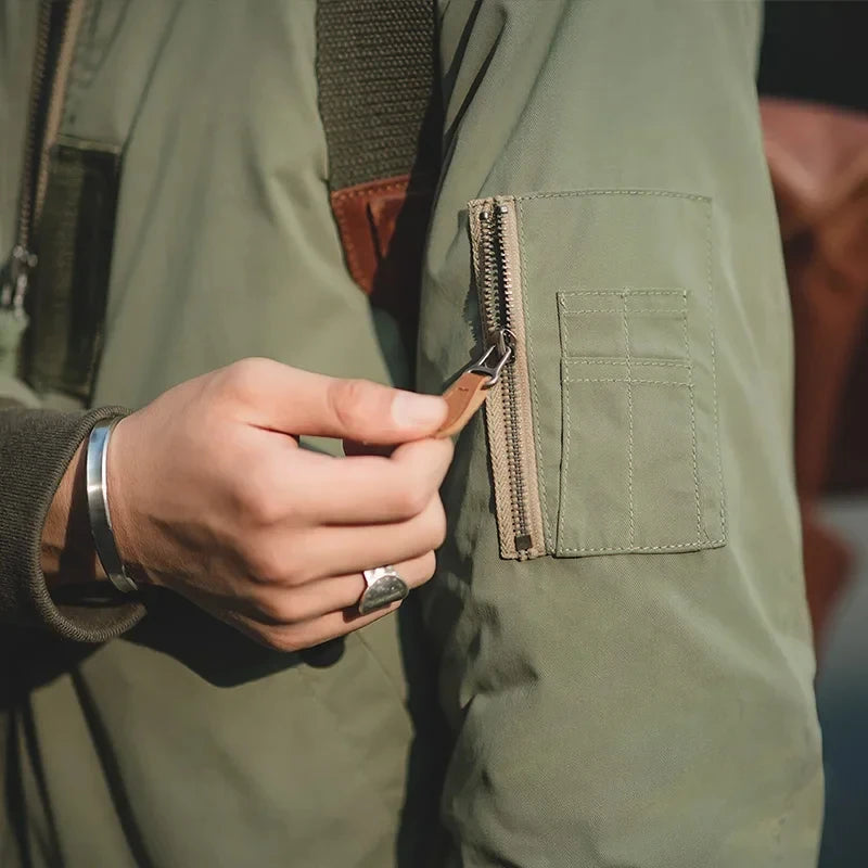 Maden Retro MA1 Bomber Jacket Thickened Splicing Baseball Flight Coat with Inner Pocket for Men's Winter Cotton Padded Jacket