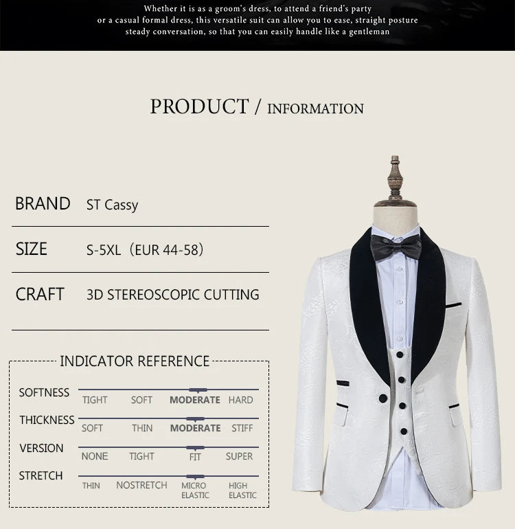 ST Cassy High Quality luxury Retro carving Party Dress Slim Fit Tuxedo Prom Suit Fashion white Male Groom Wedding three-piece