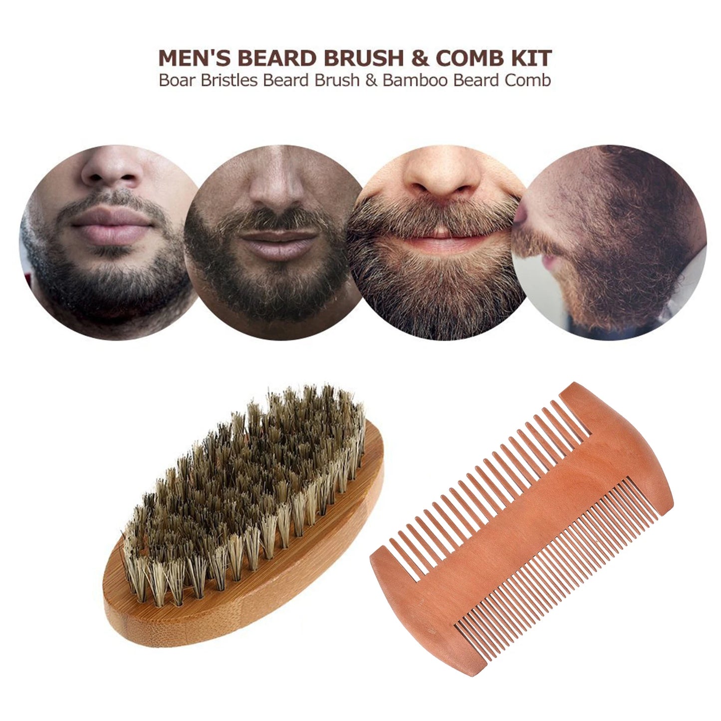 Men Shaving Bamboo Brush Comb Set Boar Bristle Portable Barber Beard Brush Comb Scissors for Facial Cleaning Styling Tool