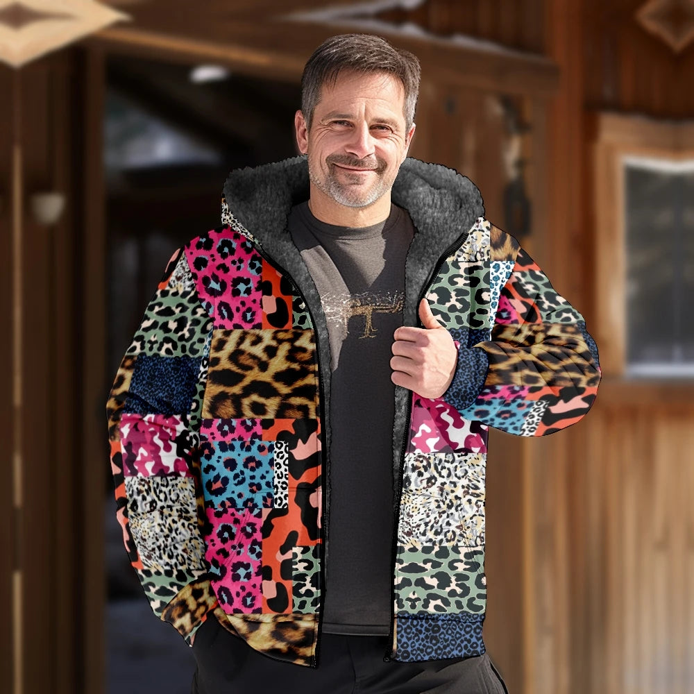 Autumn Winter Fleece Zip Up Hoodies Original Leopard Patchwork Digital Print Men Parka Coat Jackets Outerwear Sweatshirts Street