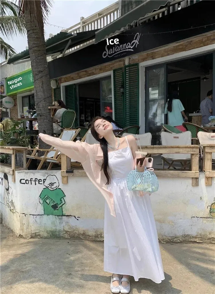 French Style Sexy Open-Back Blue Tank Dress Women's Summer Vacation Beach A- Line Long Dress Beach Vacation Dress