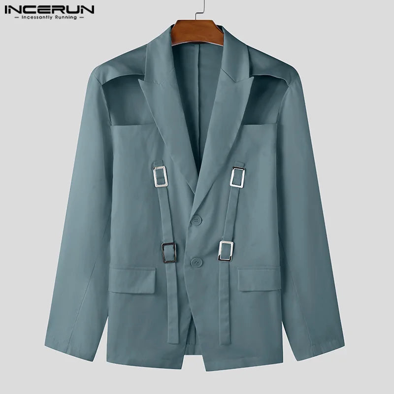 INCERUN Tops 2025 American Style Fashion Men Hollow Button Design Suit Coat Casual Streetwear Solid Long Sleeved Lace Up Blazers