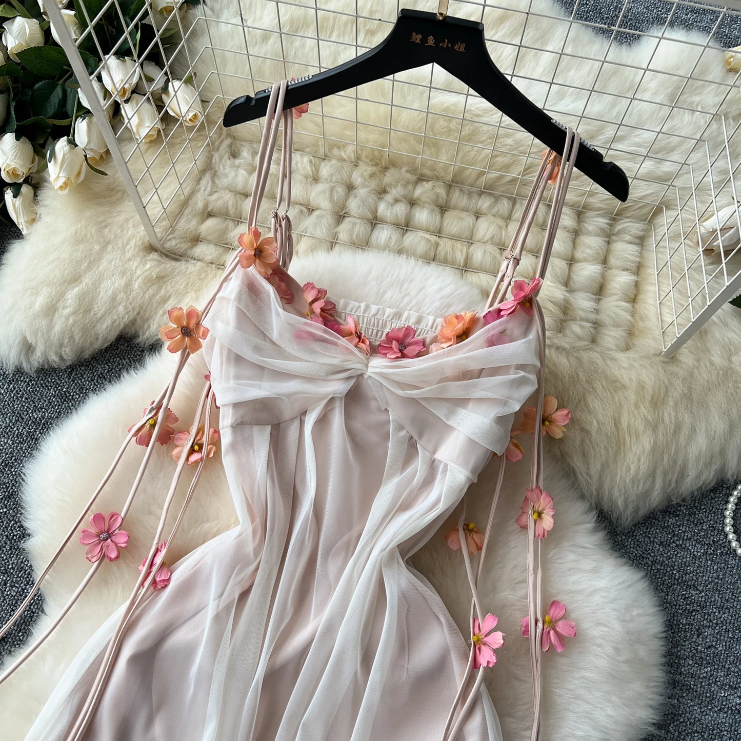 SINGREINY 2024 Bohemian Vacation Long Dress Spaghetti Strap Hollow Out A Line Mesh Sundress 3D Floral Backless Party Maxi Dress