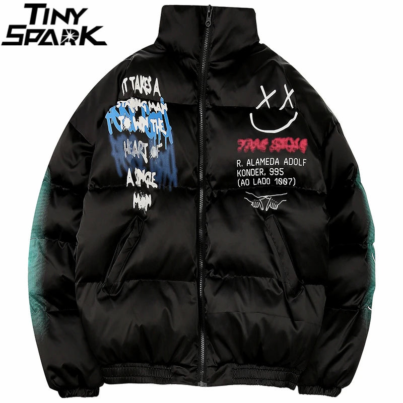 2025 Hip Hop Jacket Parka Happy Graffiti Print Men Windbreaker Streetwear Harajuku Winter Padded Jacket Coat Warm Outwear Thick
