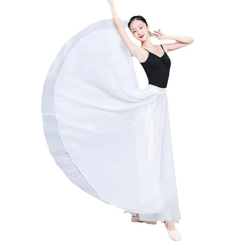 720 Degree Wide Dancing Skirt Chiffon Double Layer Semi-Long Dress Women's Solid Color Xinjiang Dance Skirt