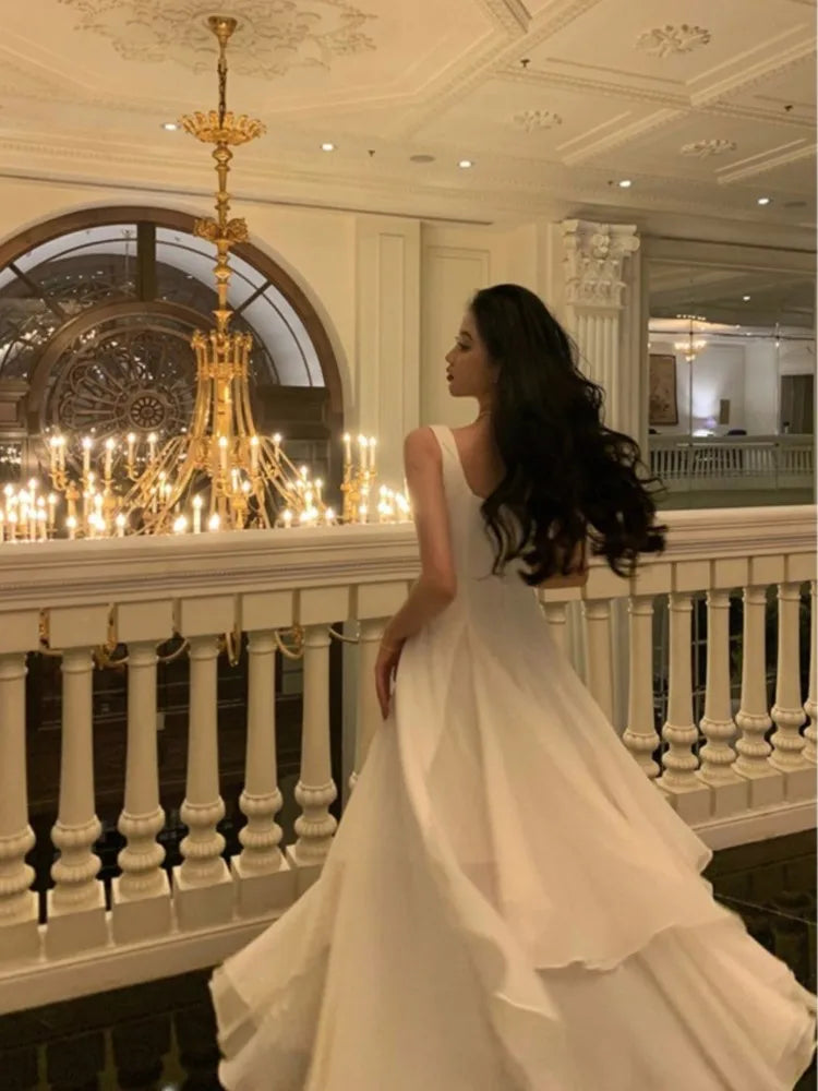 Summer Solid Elegant Camisole Long Dress Women Sweet Sleeveless A-Line Ruffles Fairy Dress Female Evening Party Vestidos Largos