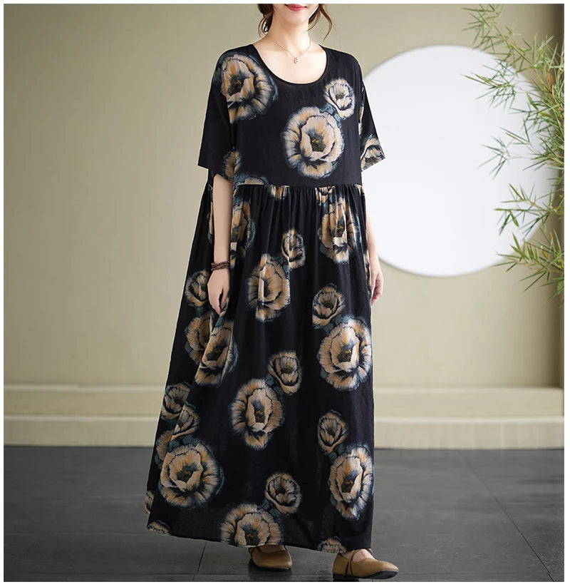Oversized Summer Bohemian Style Long Dress Women Ruffle Pleated Fashion Flower Print Ladies Dresses Loose Casual Woman Dress