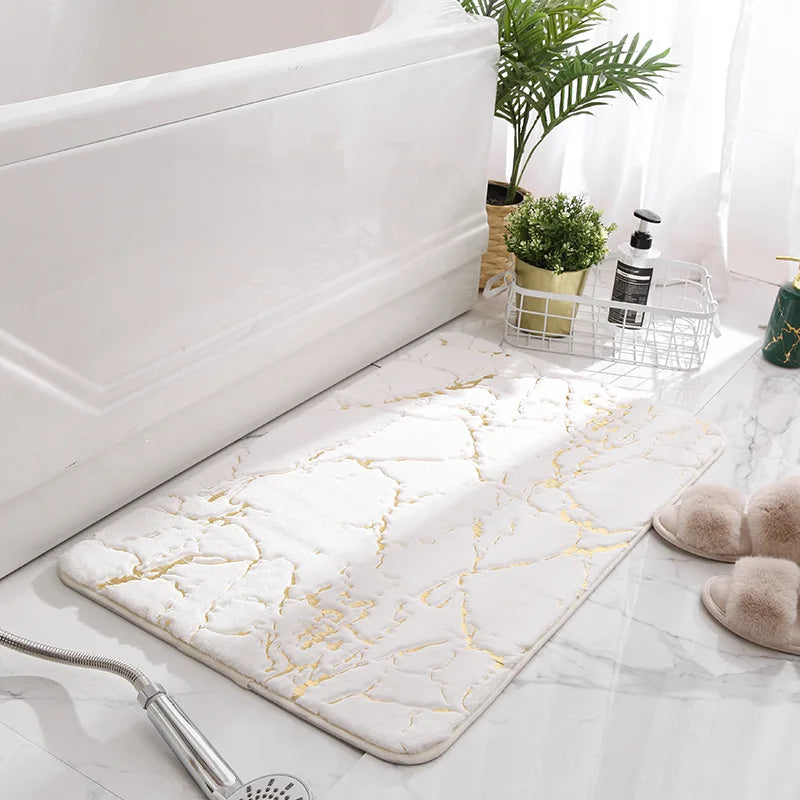 Inyahome Bath Mats for Bathroom Luxury White and Gold Non Slip and Soft Bathroom Rug Absorbent Bath Rug Decor for Kitchen Indoor