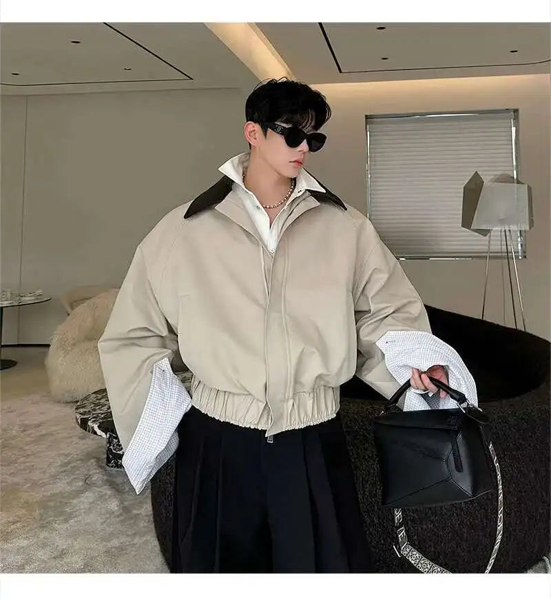 LUZHEN 2025 Spring Design Leather Collar Trendy Jacket Personalized Handsome Trendy Classy Versatile Color Contrast Tops LZ8146