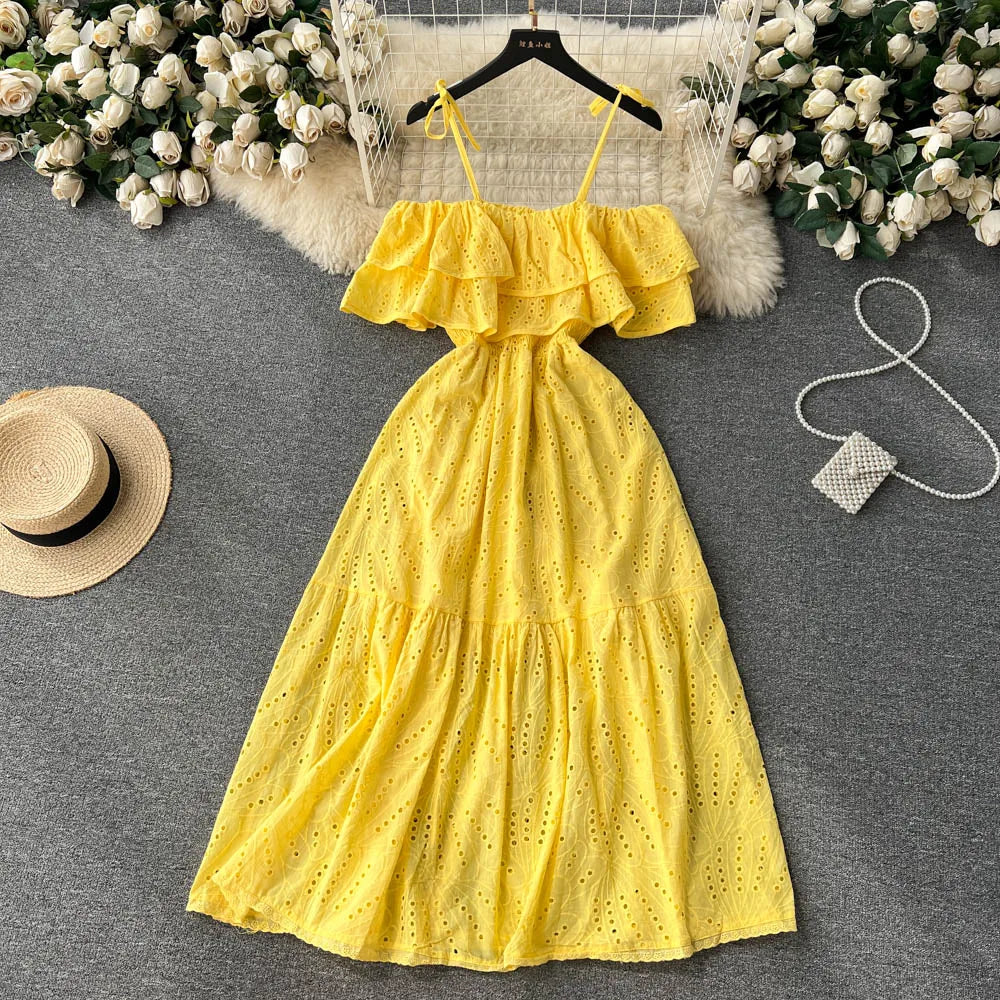 SINGREINY High Street Cotton Embroidery Long Dress Women Hollow Out Backless Beach Sundress Fashion Off the Shoulder Sexy Dress