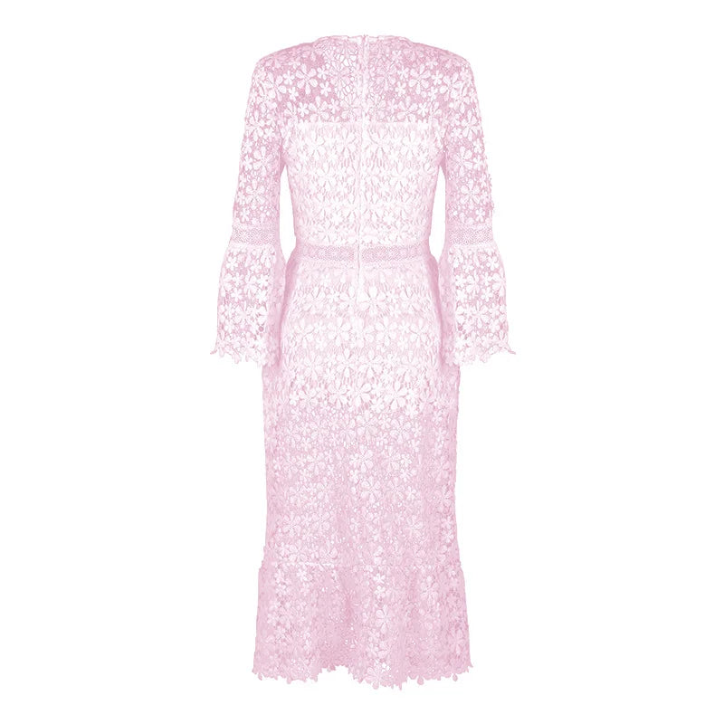 Sexy Autumn Lace Long Sleeve V-neck Big Show Long Dress Women Polyester Fabric High Waist Hollow Out Design Summer Style