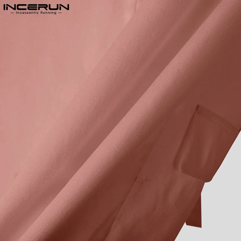 INCERUN Tops 2025 American Style Fashion Men Hollow Button Design Suit Coat Casual Streetwear Solid Long Sleeved Lace Up Blazers