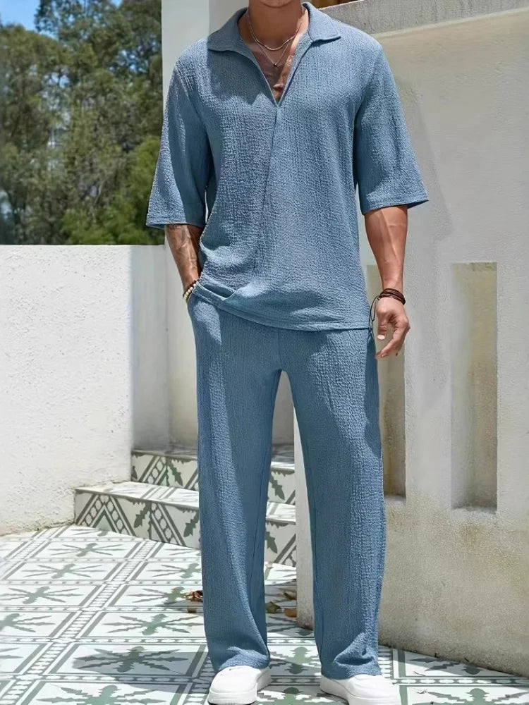 2025 New Spring summer Men's retro casual suit collar solid color half-sleeved shirt loose drawstring pants Two-piece beach Suit