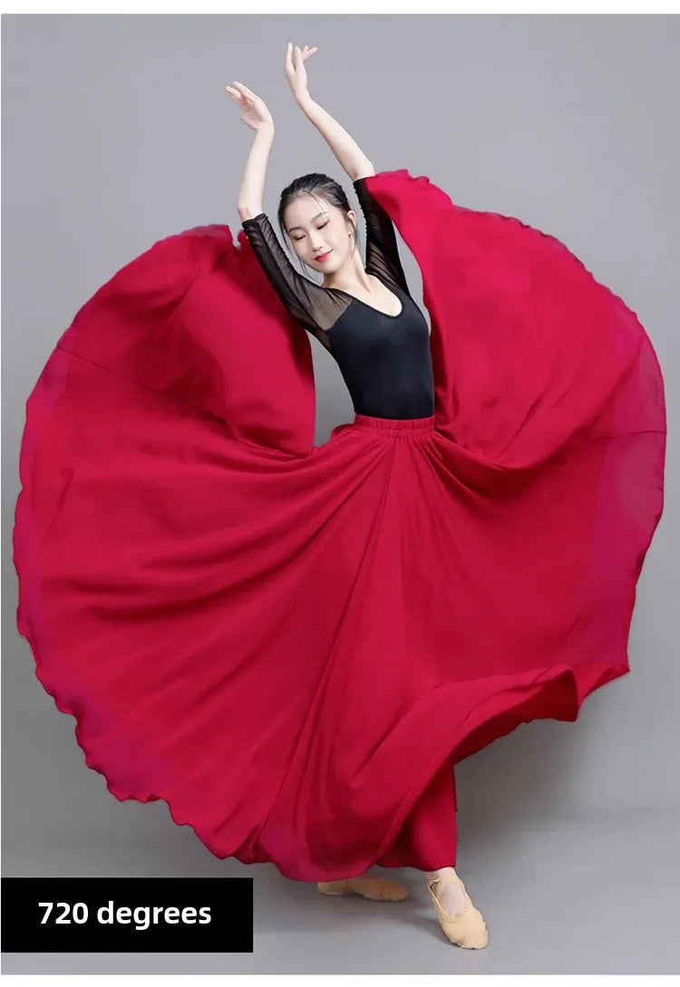 720 Degree Wide Dancing Skirt Chiffon Double Layer Semi-Long Dress Women's Solid Color Xinjiang Dance Skirt