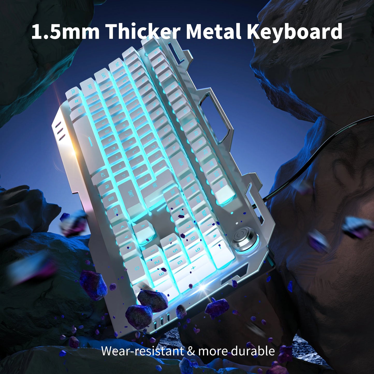 EWEADN Wired Membrane Keyboard, USB All-Metal Panel  Computer Keyboards with Multimedia knob and mobile phone holder,for Gaming