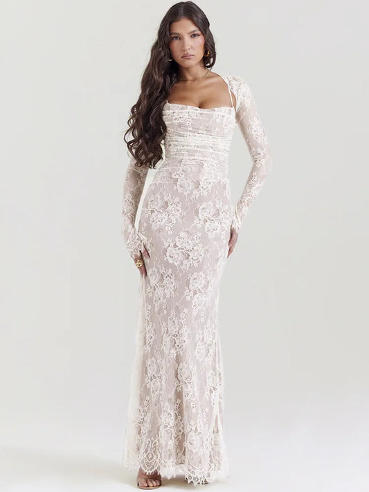 Mozision Elegant Lace Print Maxi Dress Set Women Fashion Spaghetti Strap Long Sleeve Bodycon Club Party Sexy Long Dress