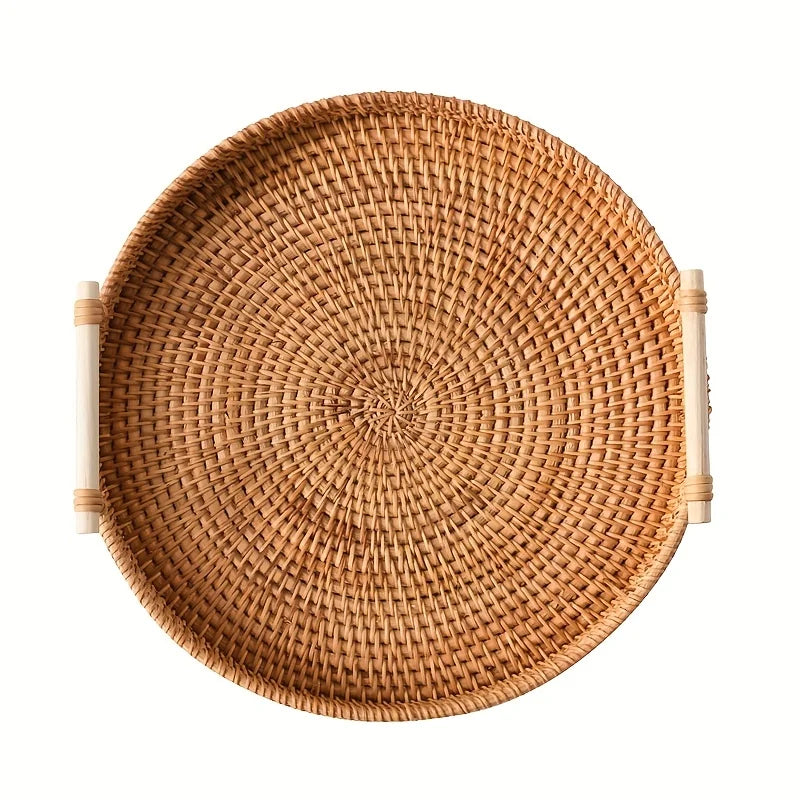 Rattan Tray Round Storage Basket Tray with Handles Natural Hand Woven Baskets Bread Fruit Food Plate Tray Home Kitchen Supplies