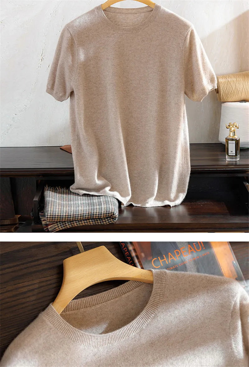 Superfine Merino Cashmere Knitted O-neck T-shirt for Men's Clothing Short Sleeve Tee Solid Color Trend Leisure Tee Tops ﻿