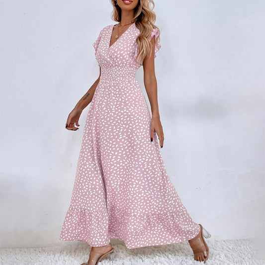 Polka Dot Dress For Women Sexy V-Neck Long Dress Casual And Fashionable Ruffle Edge Short Sleeved High Waisted Dress