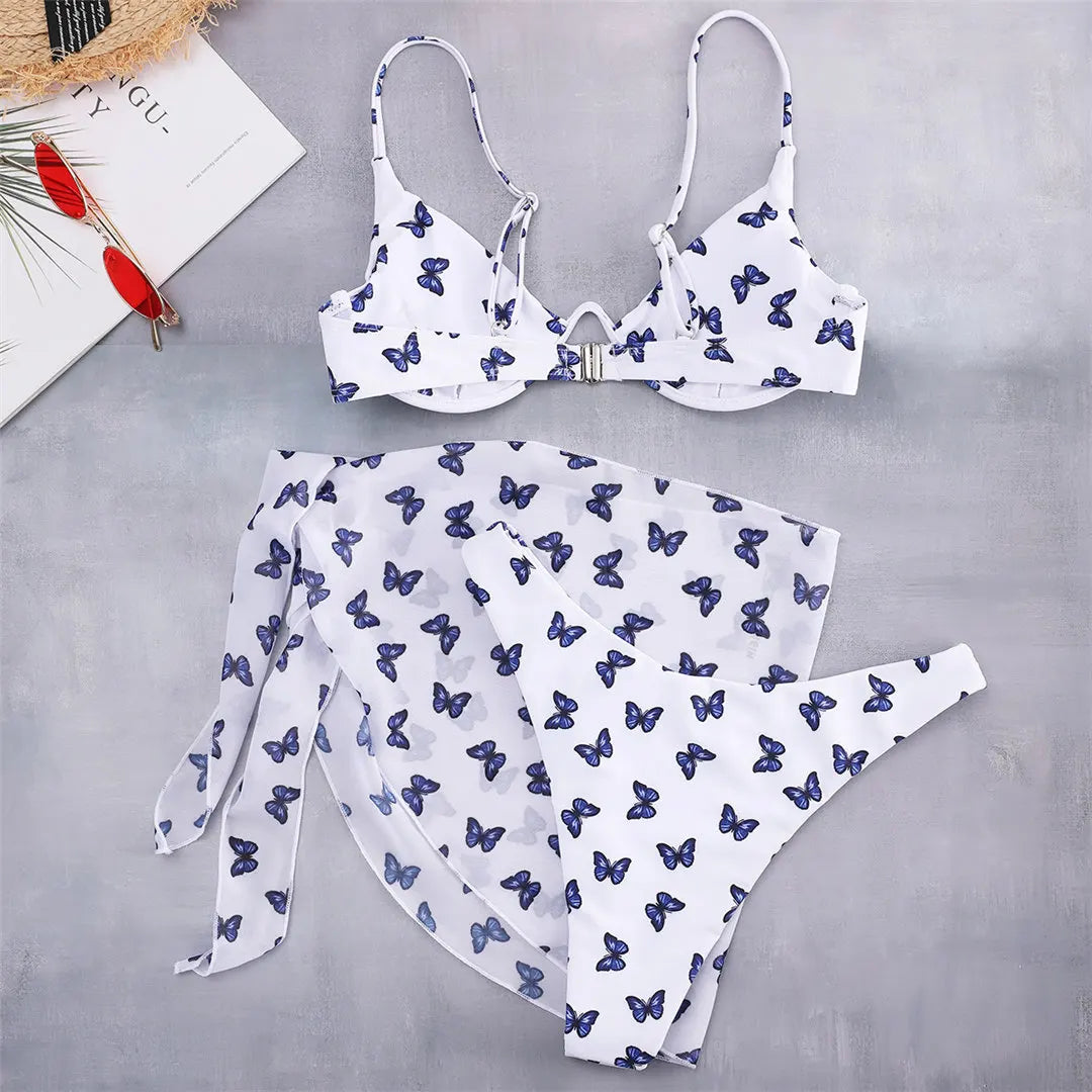 Butterfly V-bar Underwire Bikini Female Swimsuit Women Swimwear Three-pieces Bikini set Sarong Bather Bathing Suit Swim V3025