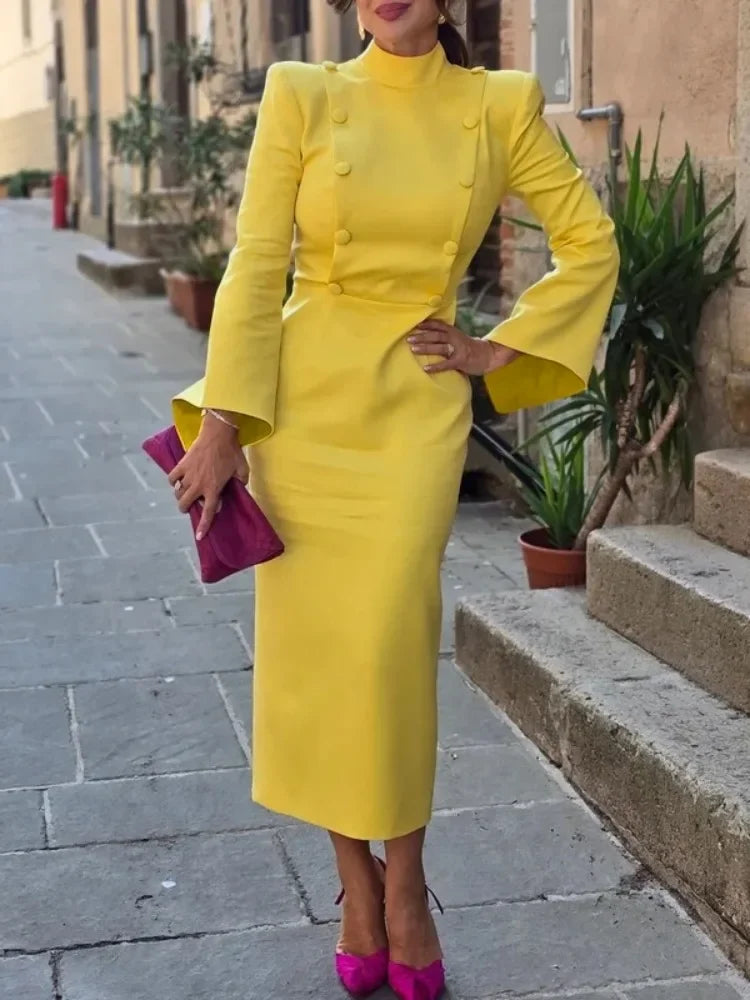 UOOZEE 2025 New Women Elegant Party Evening Midi Dresses Fashion Buttoned Flared Sleeves High Waisted A-line Commute Long Dress