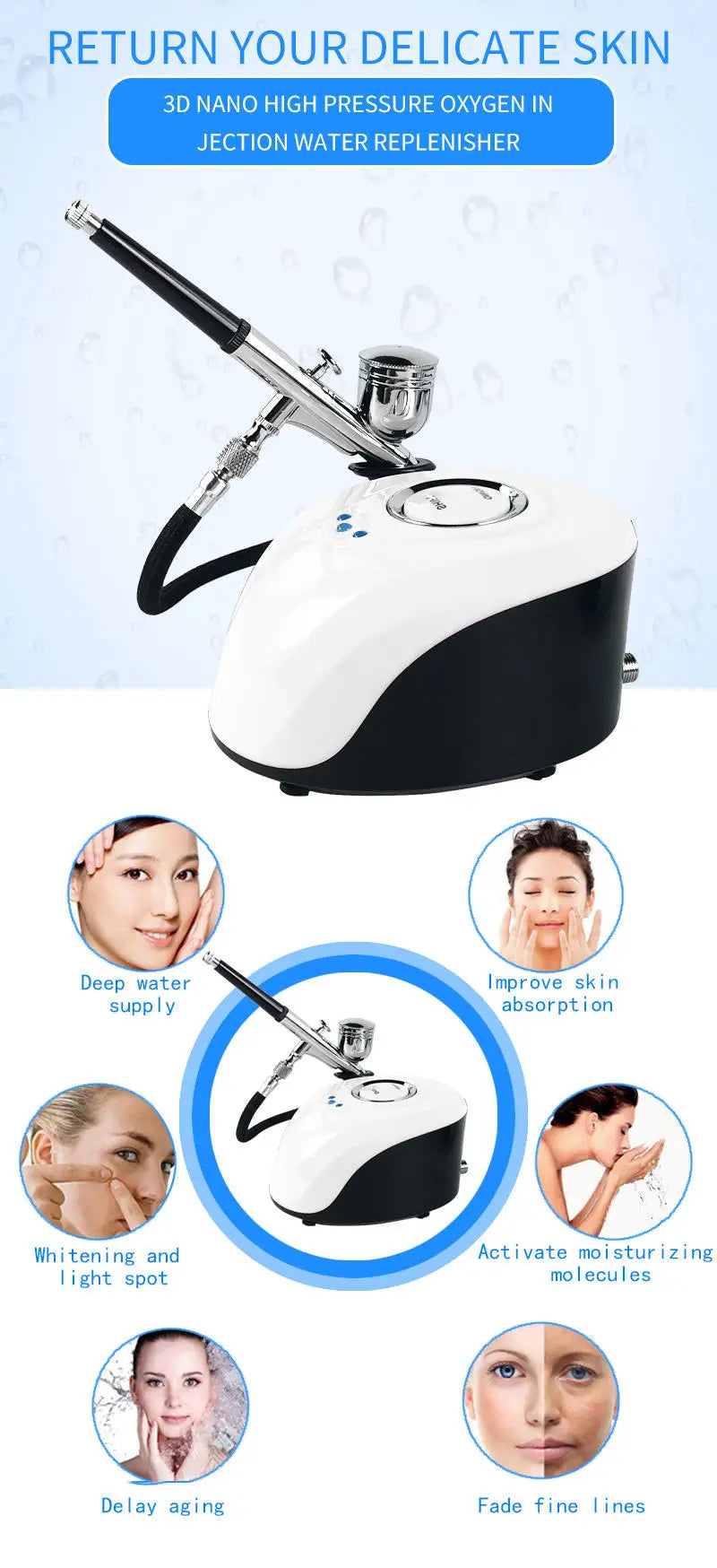 Water Injection Oxygen Machine Facial Steam Oxygen Injector Polite Compressor Set Paint Airbrush Nail Art Tattoo Nano Sprayer