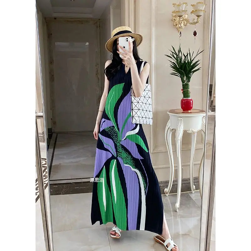 Pleated Geometric Diamond Summer Women French Casual Printing Holiday Style V-neck Sleeveless Loose Texture Forking Long Dress