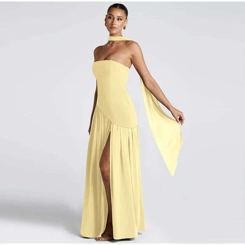 Elegant Yellow Gauze Off Shoulder Scarf Neack Long Dress Women Fashion Sleeveless A-line Vestido 2025 Summer Vocation Party Robe