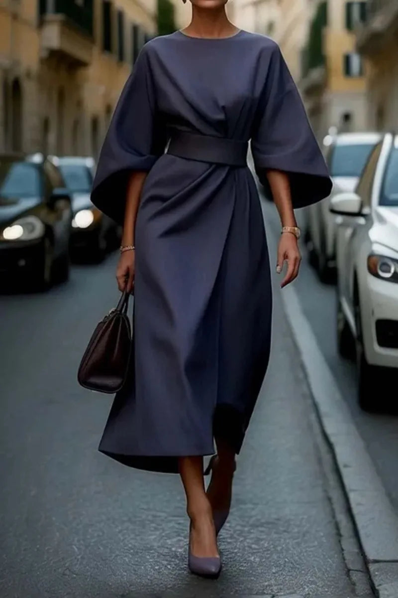 2025 Spring/Summer New Elegant Women's Dress Fashion Casual Solid Color Waist Round Neck Bat Sleeve Long Dress