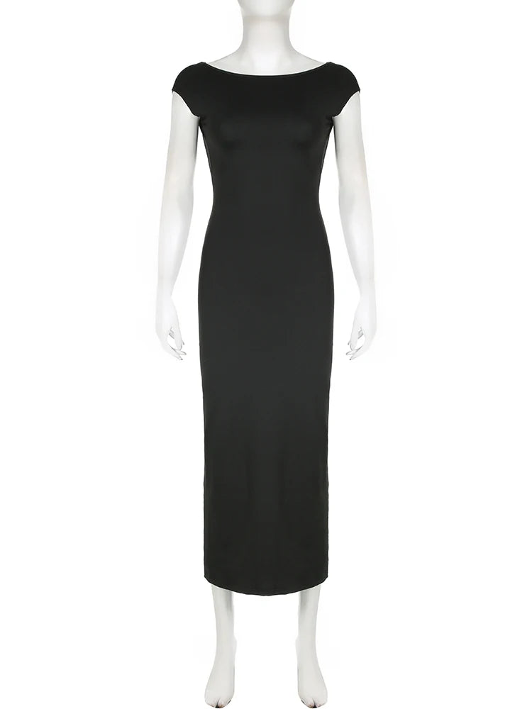 Solid Backless Skinny Sexy Short Sleeve Long Dress Women Elegant Fashion Summer Vacation Outfits