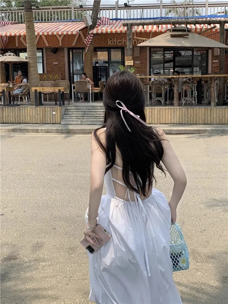 French Style Sexy Open-Back Blue Tank Dress Women's Summer Vacation Beach A- Line Long Dress Beach Vacation Dress