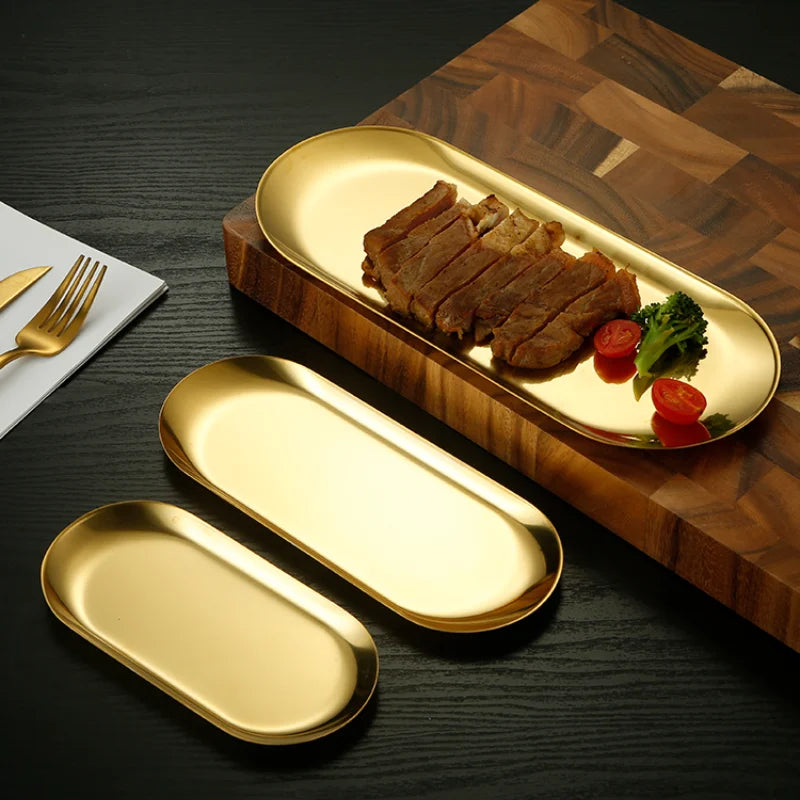 Stainless Steel European Jewelry Storage Tray Metal Cosmetic Storage Oval Cake Fruit Dessert Tray Snack Plate Kitchen Organizer