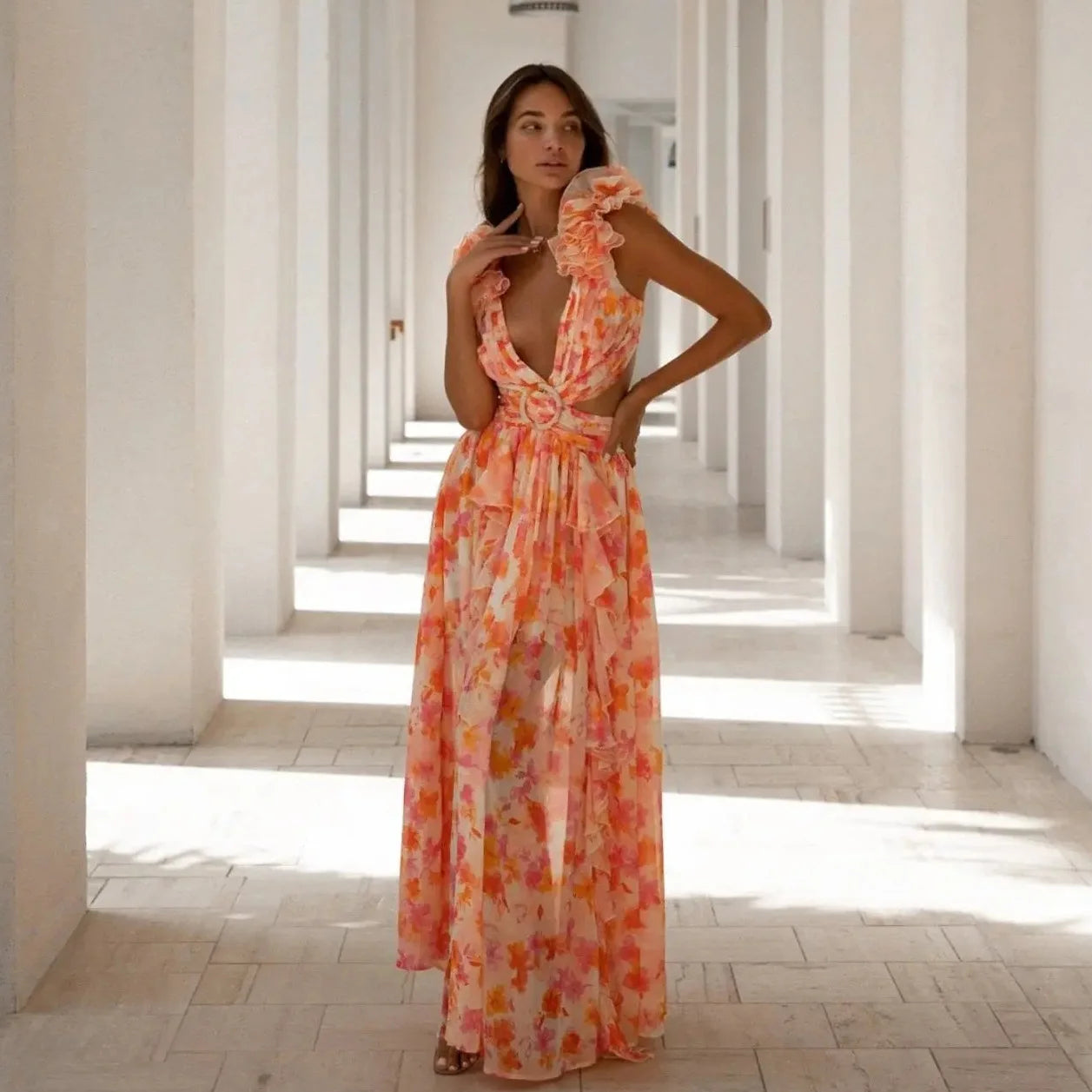 Summer Vacation Sexy Print Long Dress Deep V-Neck Backless Slim Fit Ruffled Floral Dress