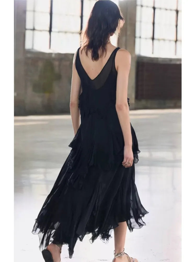 TRAF Tierred Long Dress Women Summer Sexy Backless Sleeveless Female Tulle Lightweight Midi Dresses Female Chic Dresses