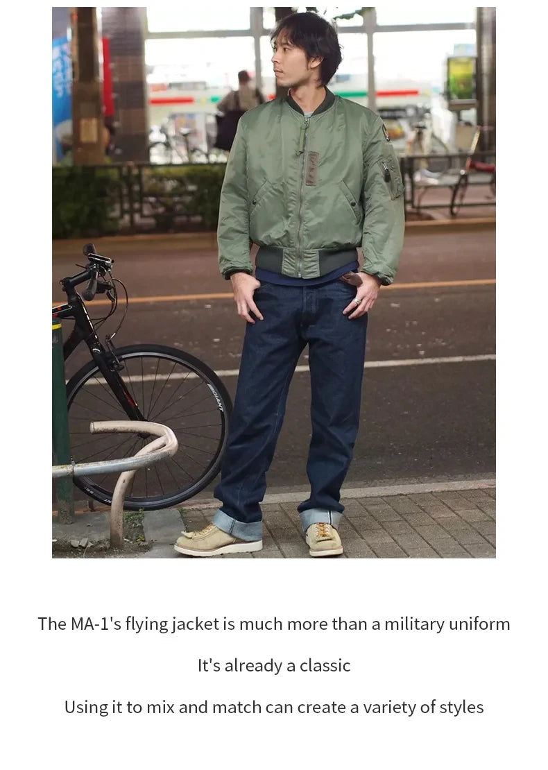Maden Retro MA1 Bomber Jacket Thickened Splicing Baseball Flight Coat with Inner Pocket for Men's Winter Cotton Padded Jacket