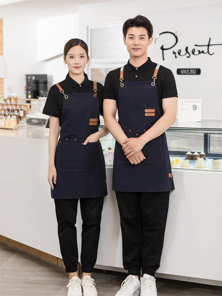 Men's Women's Kitchen Apron Custom Logo Catering Server Work Aprons Nails Hairdressing Mandil Restaurant Cafes Bar Waiter Bibs